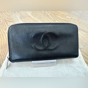 CHANEL Black Caviar Leather Zip Long Wallet